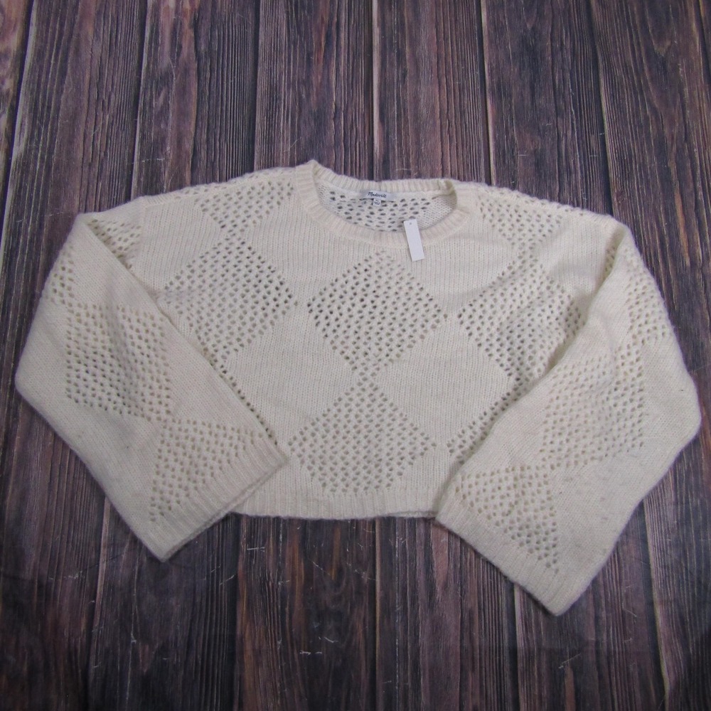 Madewell Sweater Womens XL Cream Diamond Open Knit Cropped Crewneck SR2142 NM621